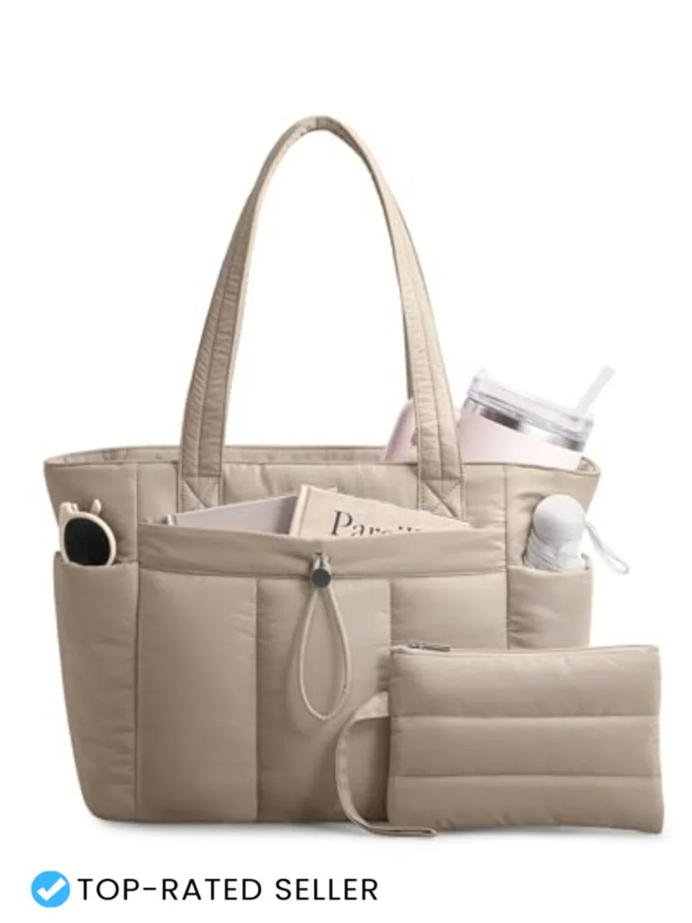 Puffy Tote Bag with Laptop Compartment & Cup Holder for Women Work Travel